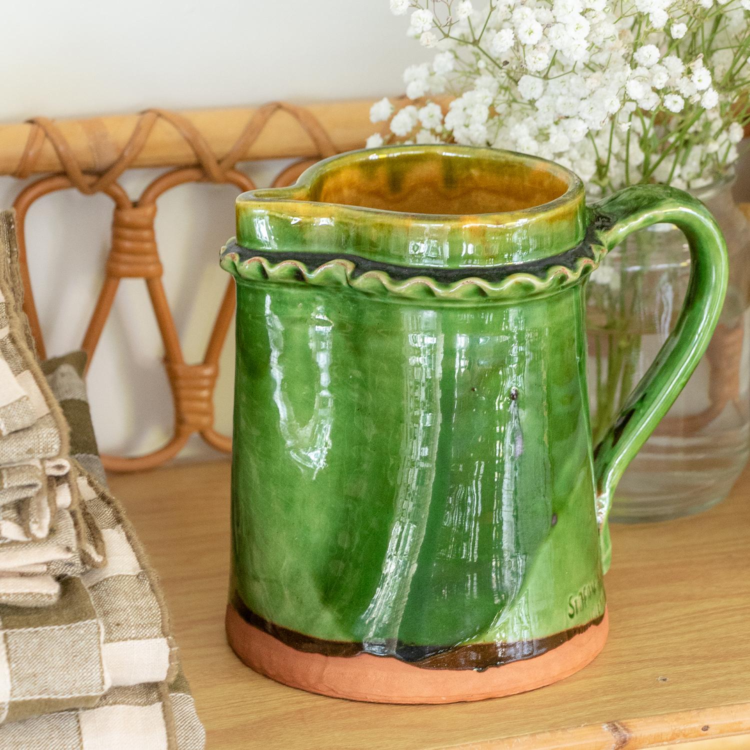 French Green Ceramic Pitcher In Good Condition In Los Angeles, CA