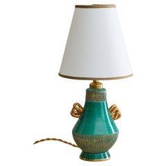 French Green Ceramic Table Lamp with Gilt Accents, 1950s