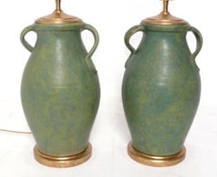 French Green Ceramic Vase Lamps circa 1930s Gilt Bases Rewired