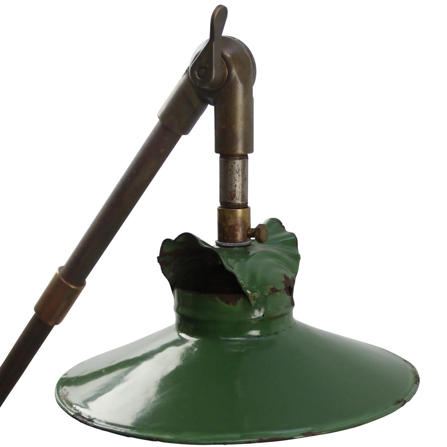 20th Century French Green Enamel 3-Arm Vintage Industrial Brass Machinist Scone Wall Lights For Sale