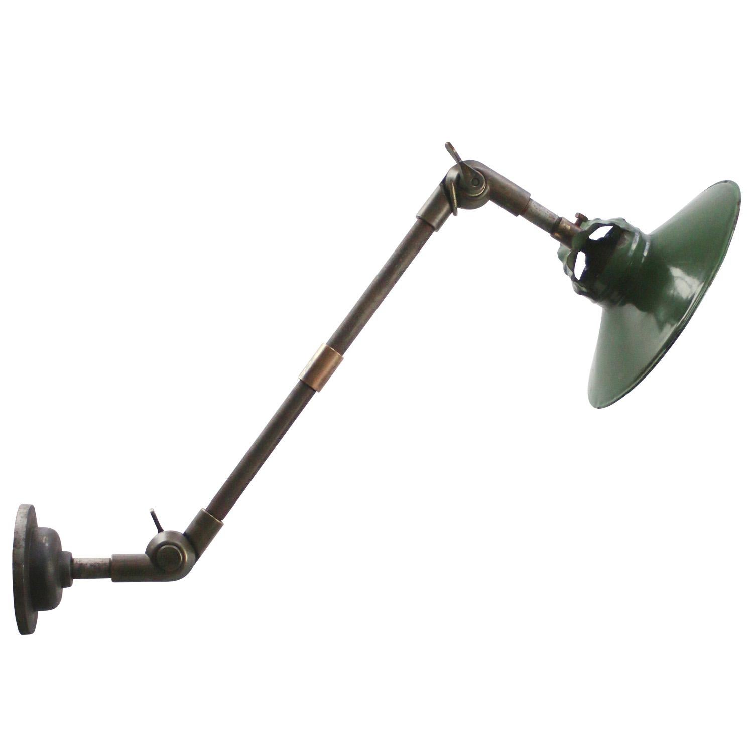 French Green Enamel 3-Arm Vintage Industrial Brass Machinist Scone Wall Lights For Sale 1