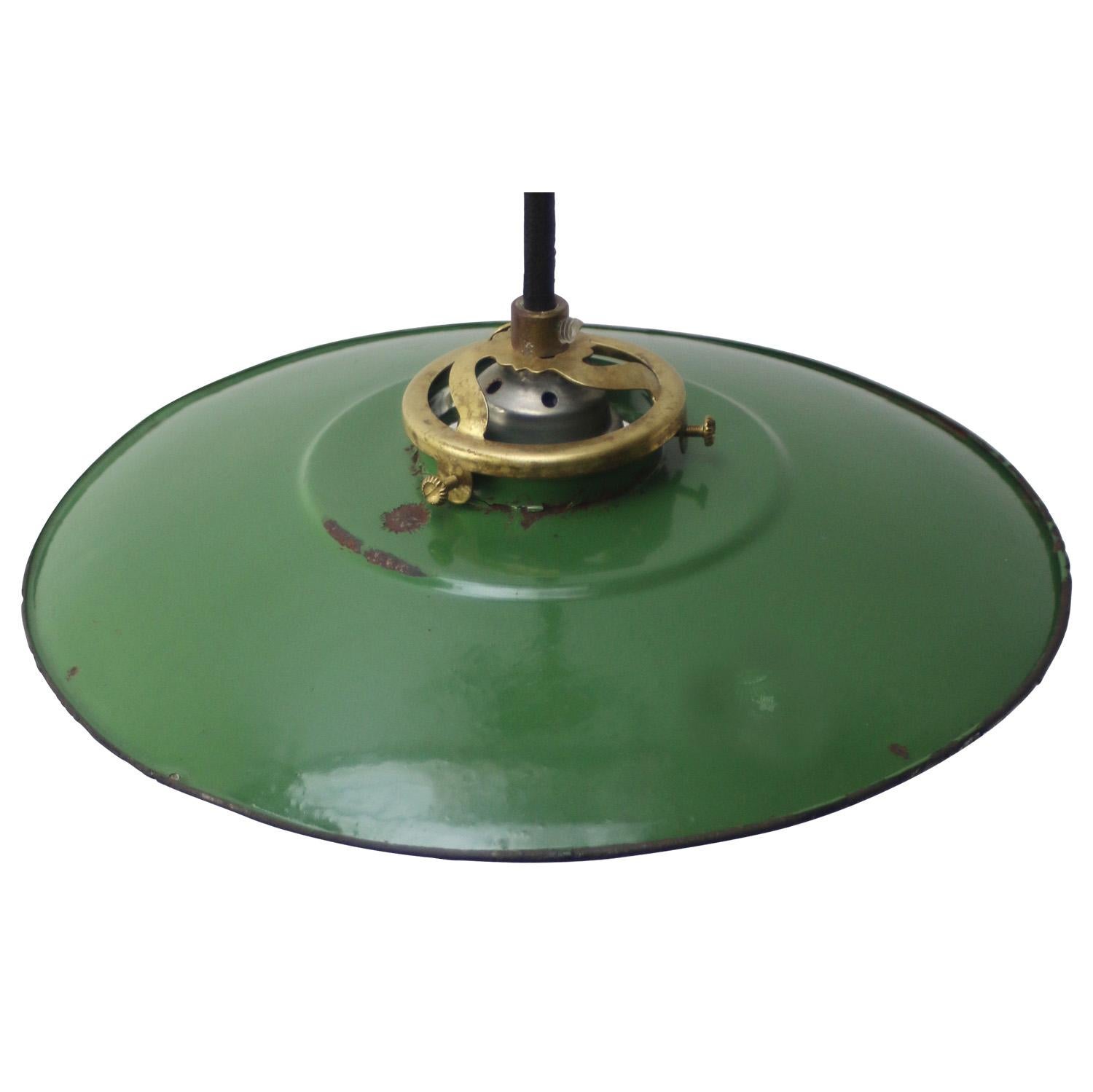 Industrial French Green Enamel Brass Pendant Lights For Sale
