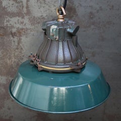 French Green Enamel Cast Iron Clear Glass Pendant Light by Sammode, France