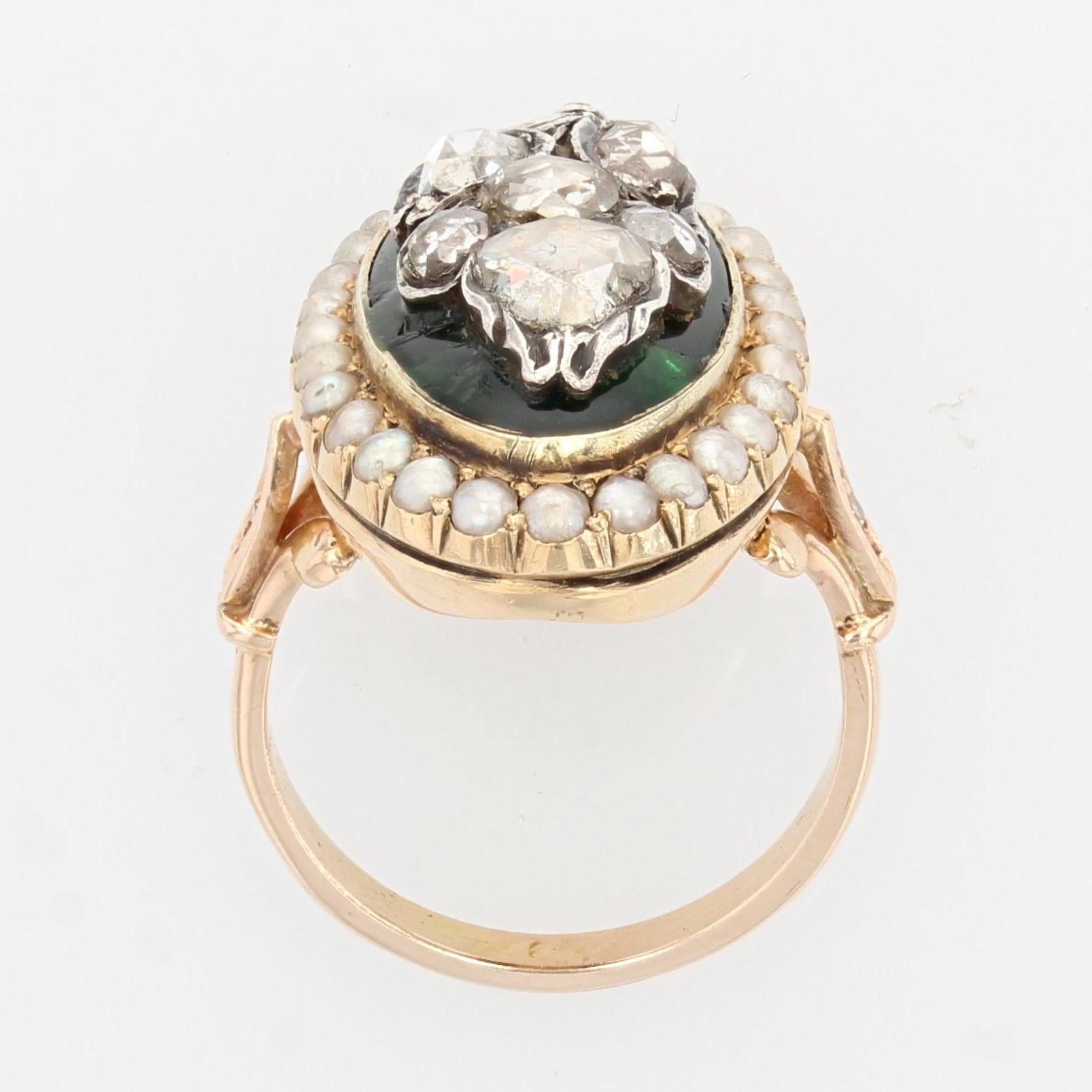 French Green Enamel Diamonds 18 Karat Yellow Gold Marquise Ring 7