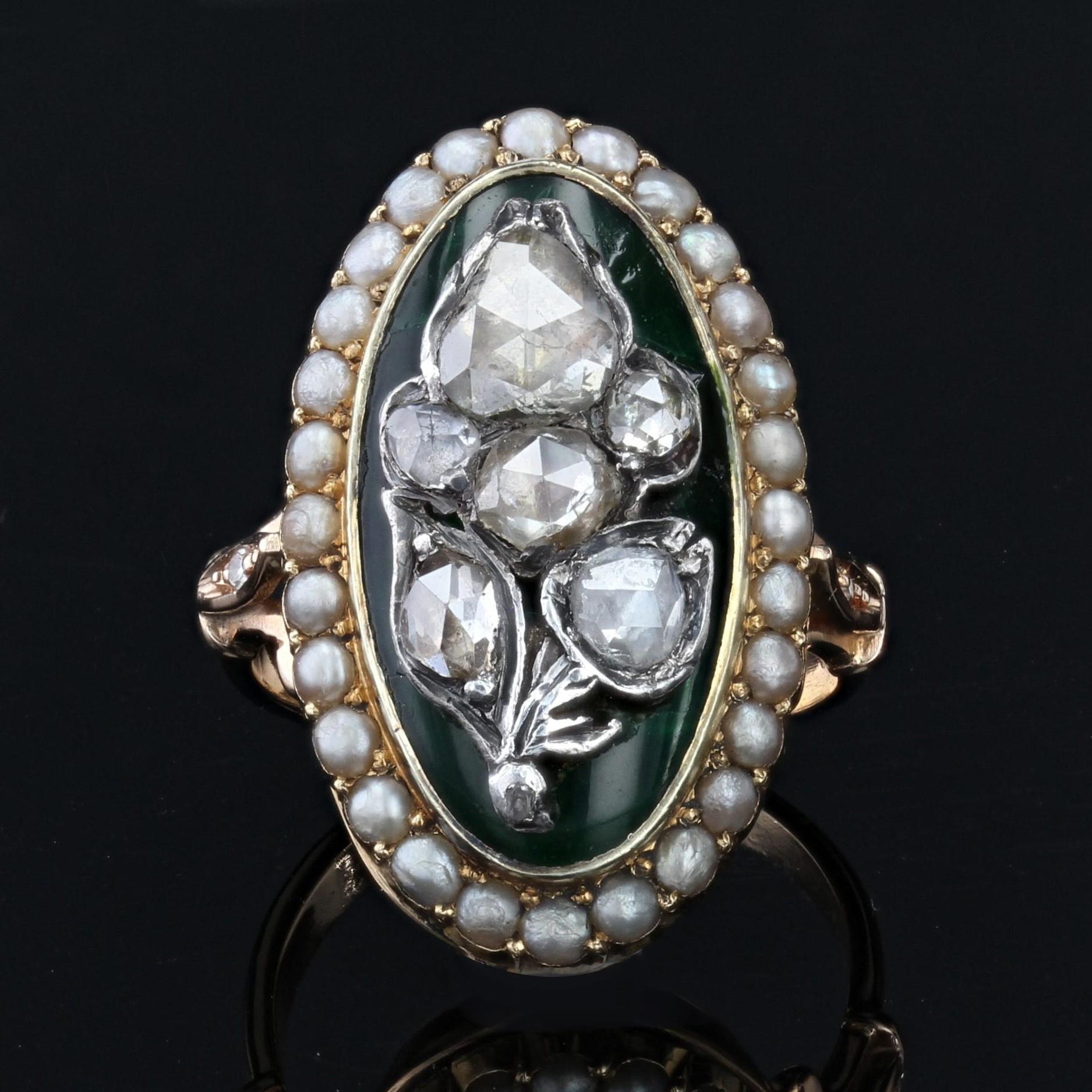 Napoleon III French Green Enamel Diamonds 18 Karat Yellow Gold Marquise Ring