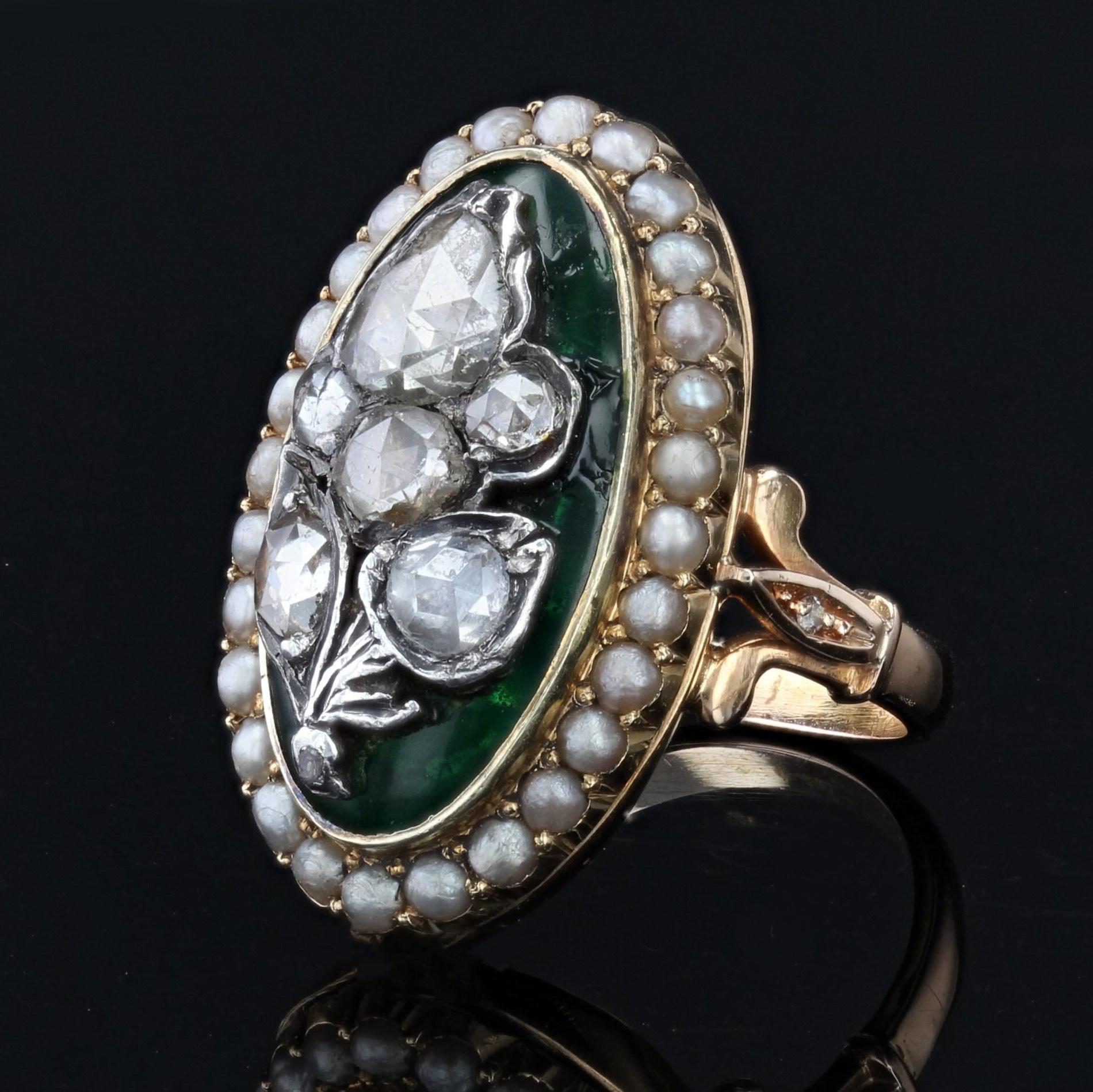 French Green Enamel Diamonds 18 Karat Yellow Gold Marquise Ring In Good Condition In Poitiers, FR