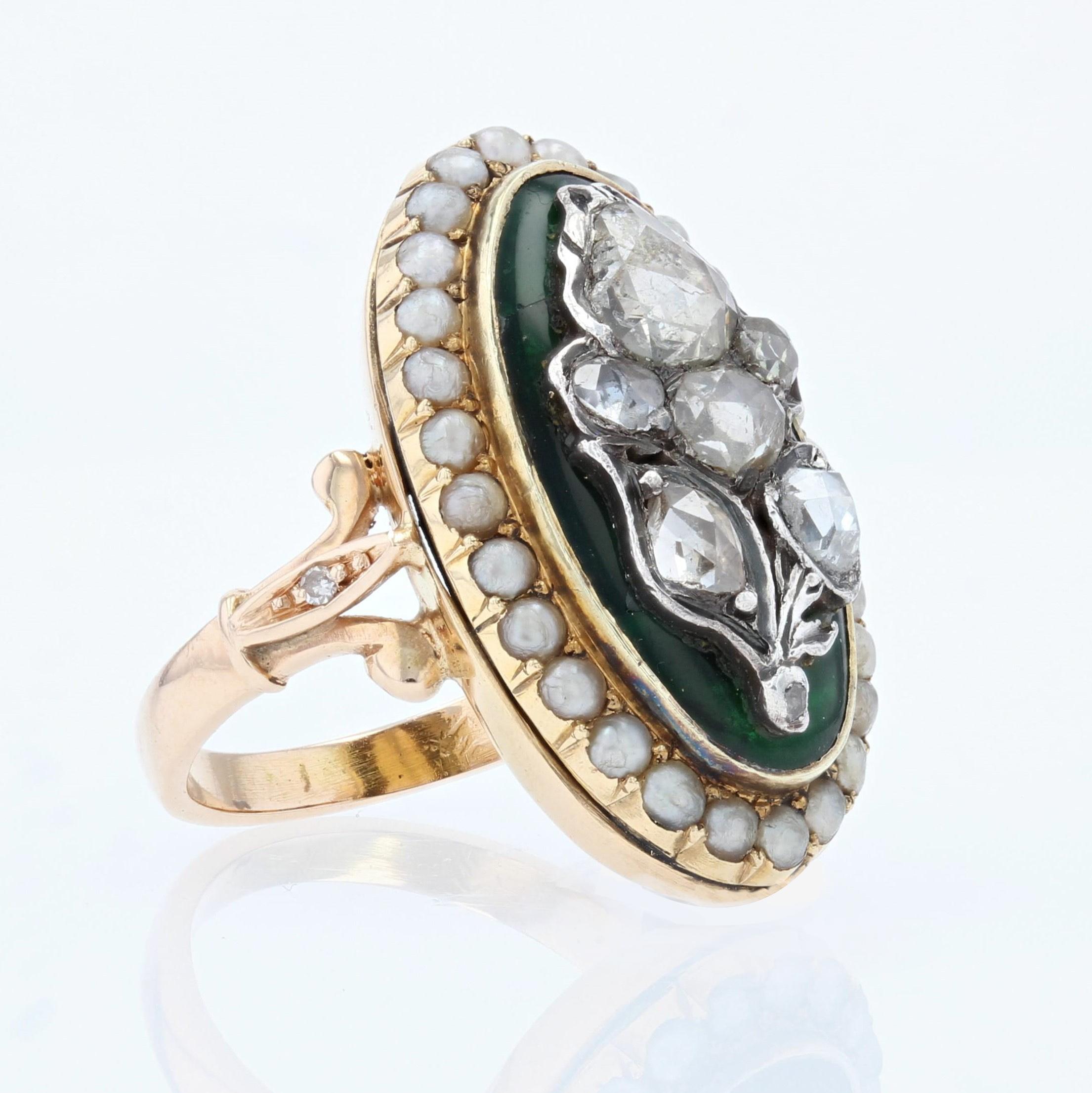 French Green Enamel Diamonds 18 Karat Yellow Gold Marquise Ring 3