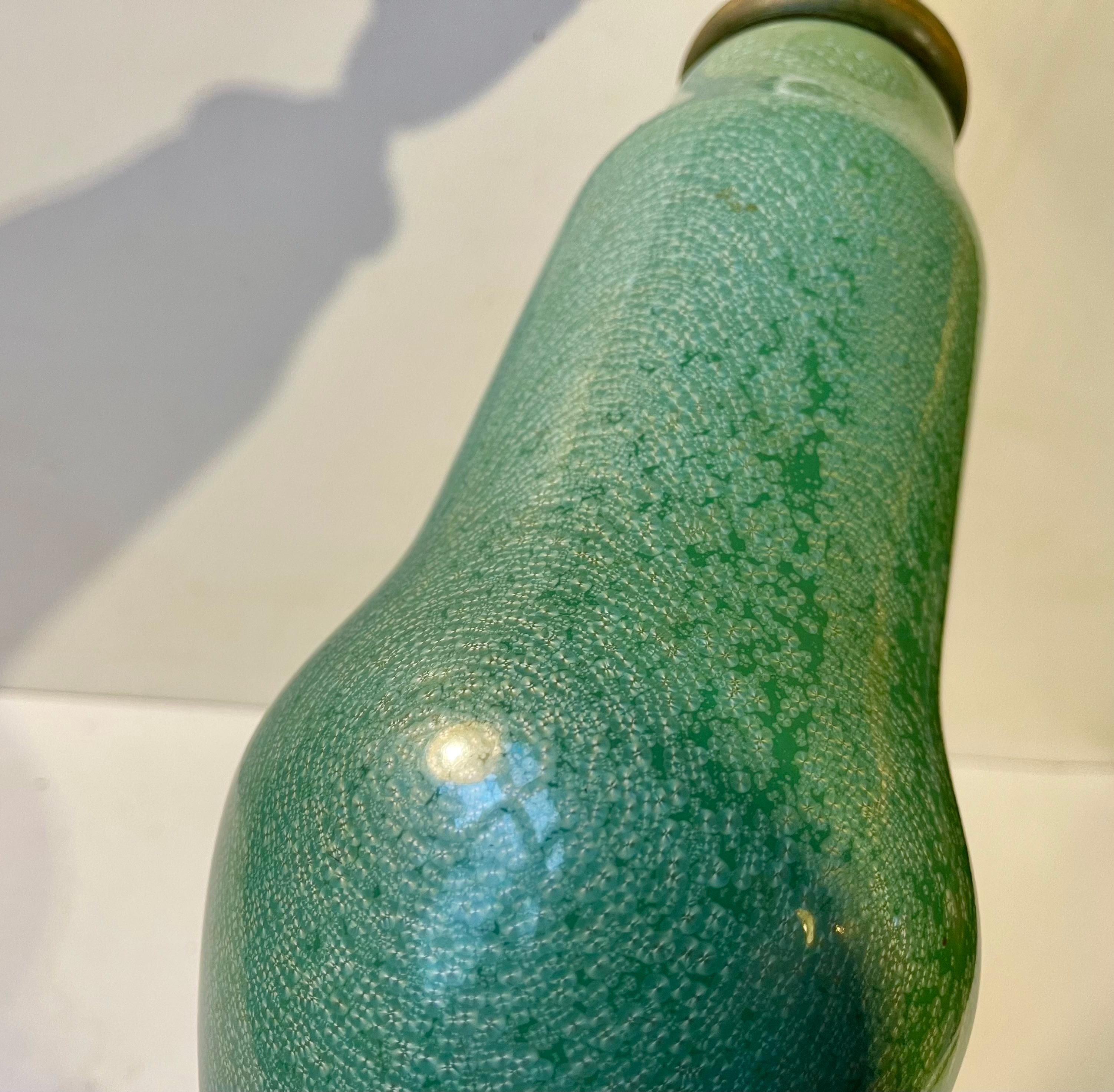 Early 20th Century French Green Enamel Gourd Table Lamp in the Style of Alexandre Marty For Sale
