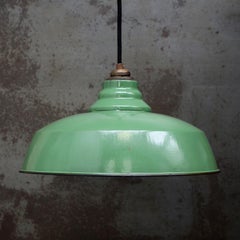 French Green Enamel Vintage Industrial Brass Pendant Lights