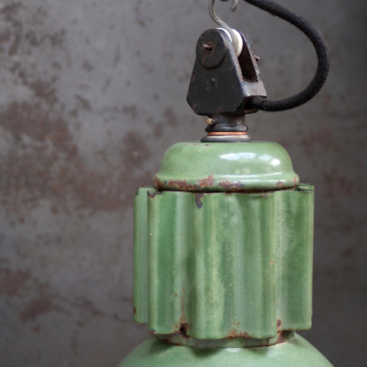 Cast French Green Enamel Vintage Industrial Factory Pendant Light For Sale