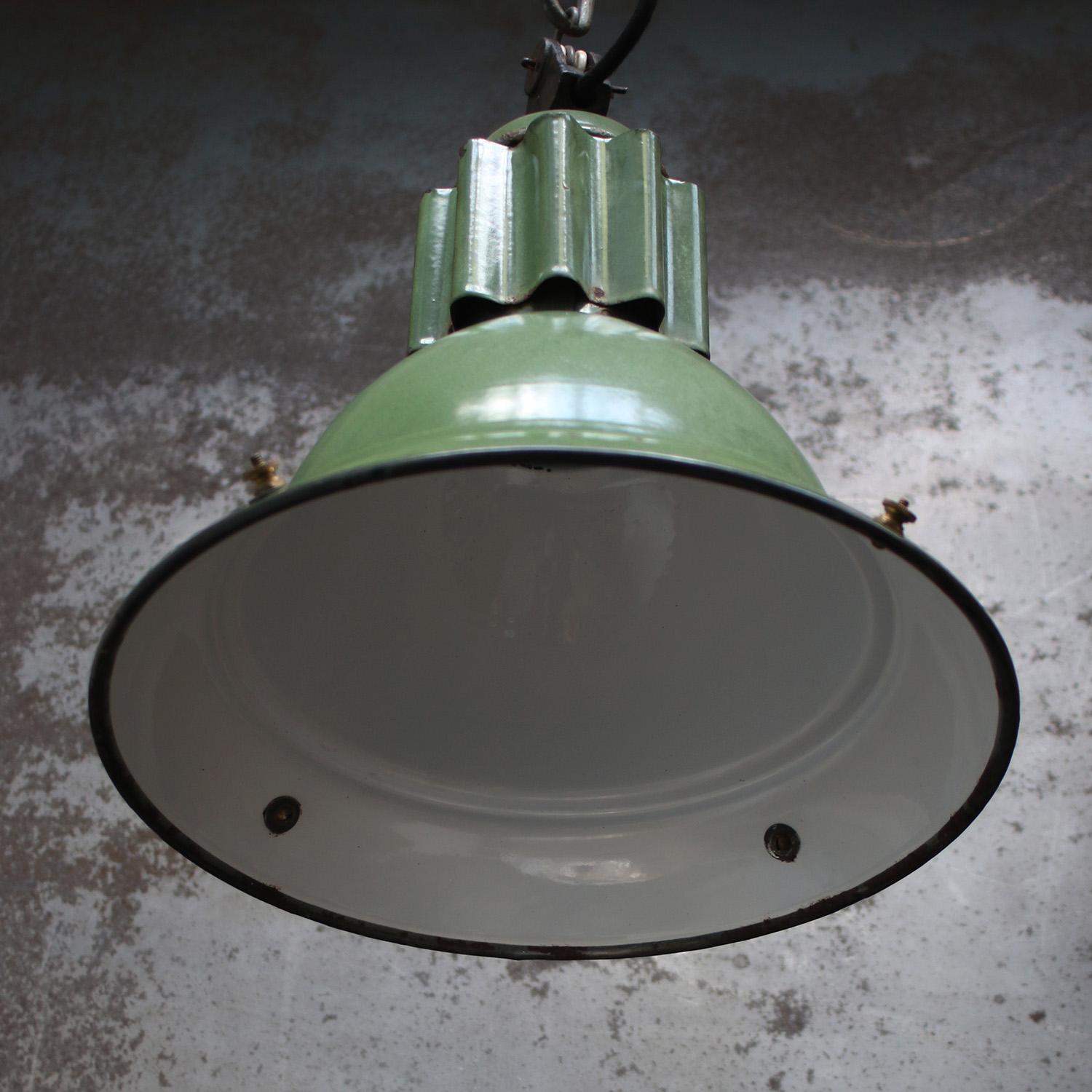 20th Century French Green Enamel Vintage Industrial Factory Pendant Light For Sale