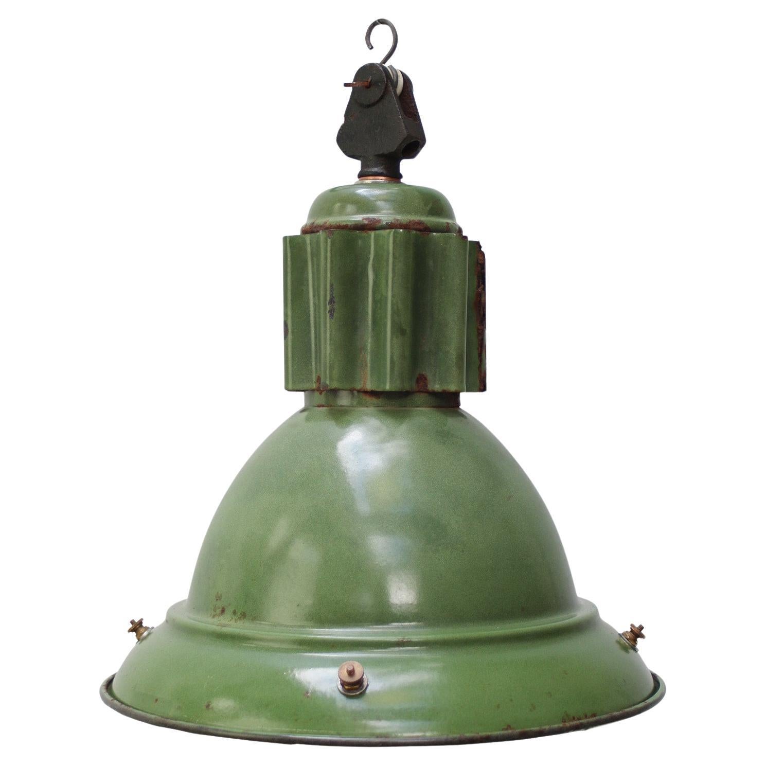 French Green Enamel Vintage Industrial Factory Pendant Light For Sale