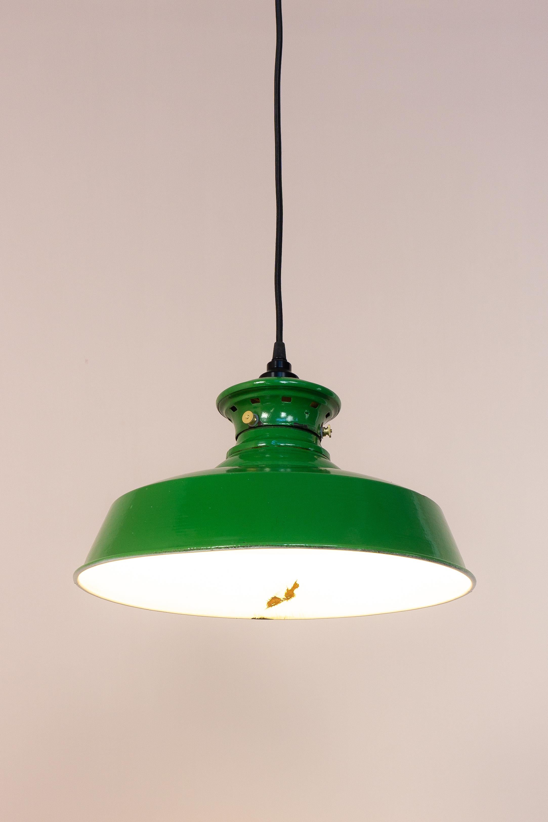Enameled French Green Enamel Vintage Industrial Pendant Light For Sale