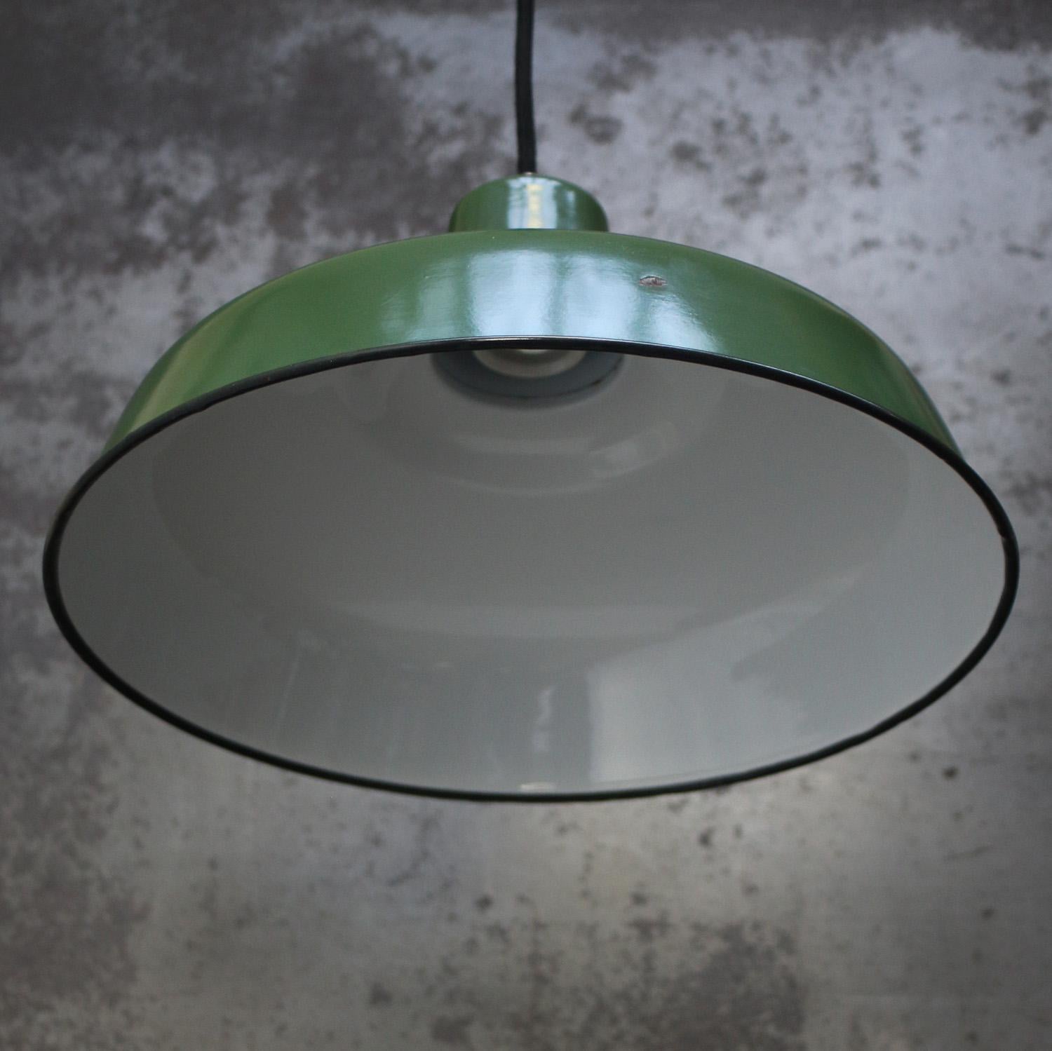 20th Century French Green Enamel Vintage Industrial Pendant Lights For Sale