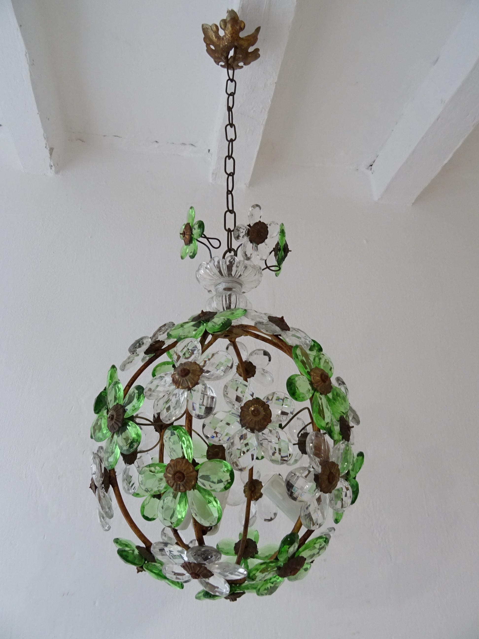 Housing 3 lights inside. Will be newly rewired with certified US UL socket for the USA and appropriate socket for all other countries and ready to hang. Clear and green crystal prisms, made into flowers. Murano glass and crystal bobèche on top with
