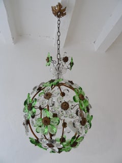 French Green Flower Ball Crystal Prisms Maison Baguès Style Chandelier, 1920s
