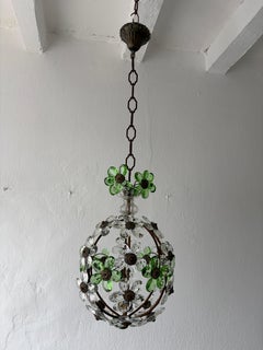 French Green Flower Ball Crystal Prisms Maison Baguès Style Chandelier, 1920s