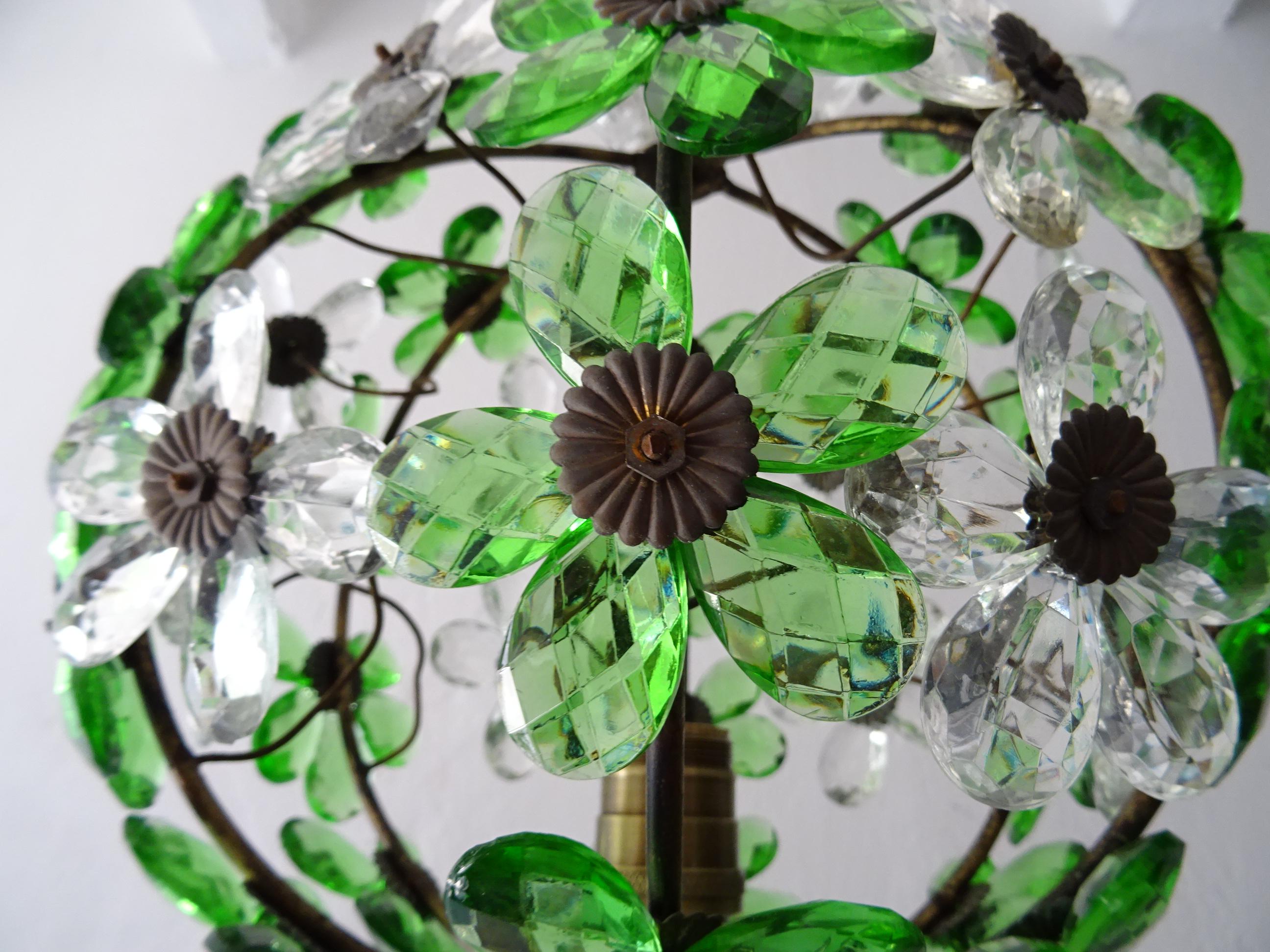 French Green Flower Ball Crystal Prisms Maison Baguès Style Chandelier, 1920s 1