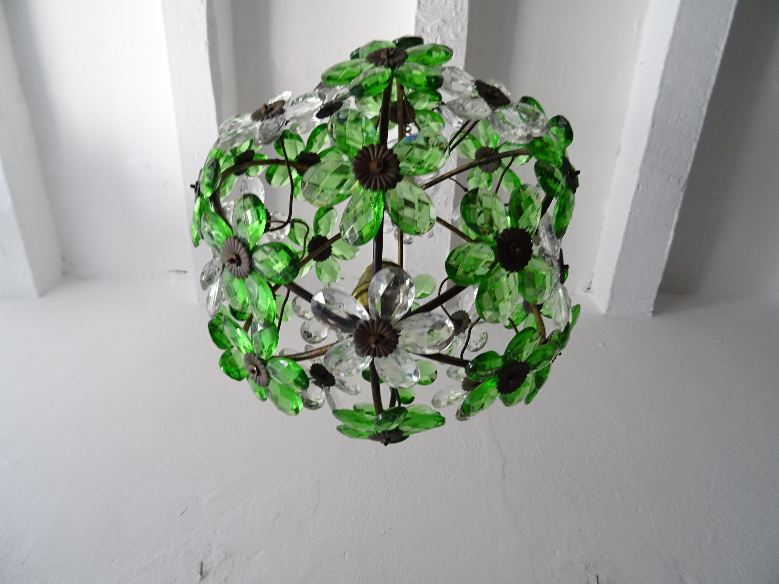 French Green Flower Ball Crystal Prisms Maison Baguès Style Chandelier, 1920s 2