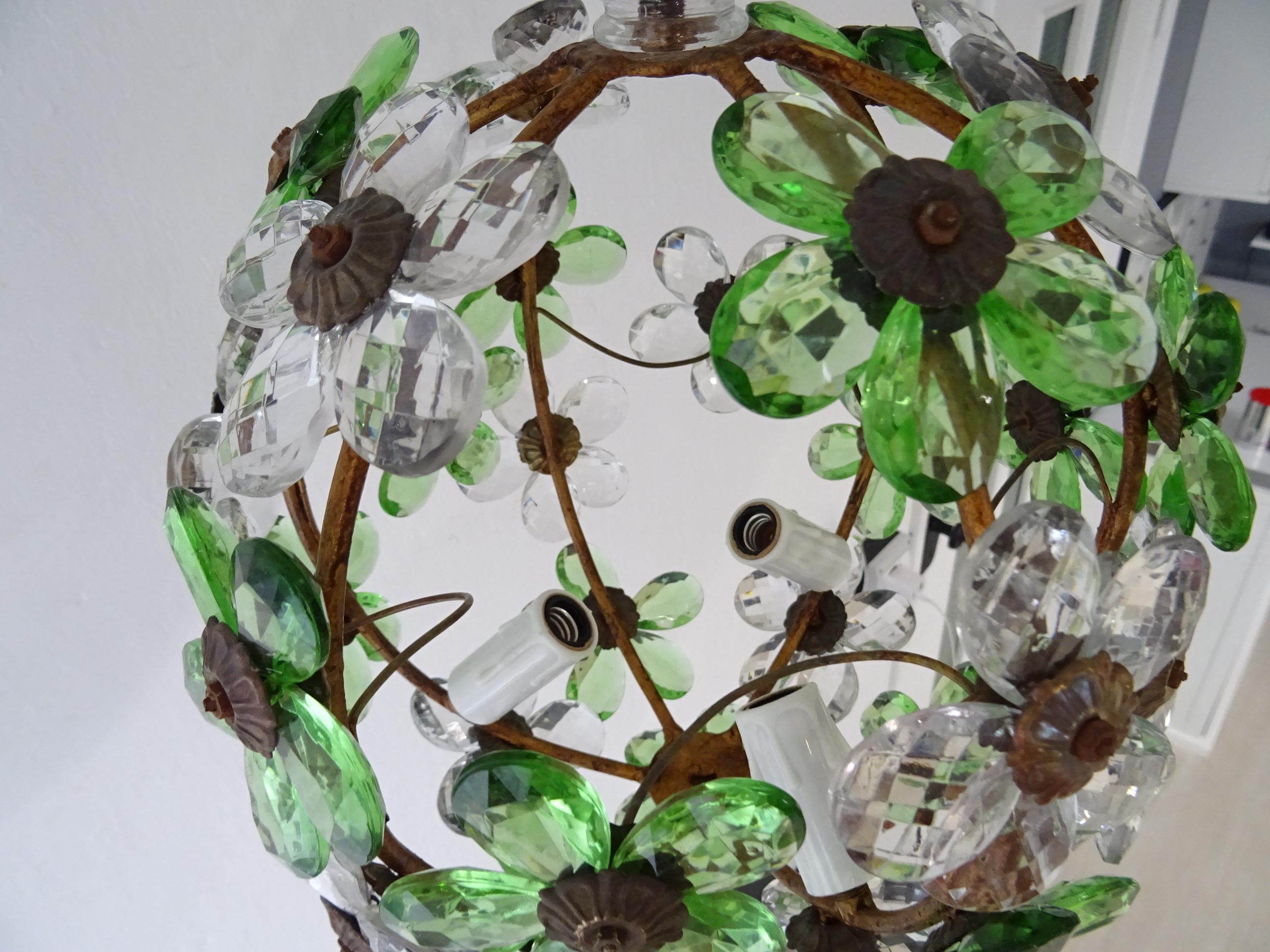 French Green Flower Ball Crystal Prisms Maison Baguès Style Chandelier, 1920s For Sale 2