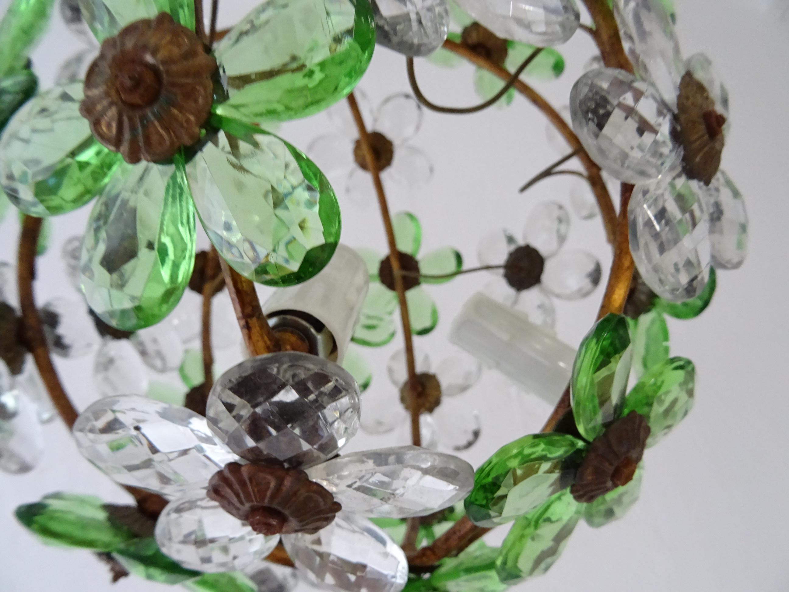 French Green Flower Ball Crystal Prisms Maison Baguès Style Chandelier, 1920s For Sale 3
