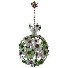French Green Flower Ball Crystal Prisms Maison Baguès Style Chandelier, 1920s