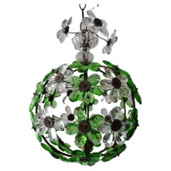 French Green Flower Ball Crystal Prisms Maison Baguès Style Chandelier, 1920s