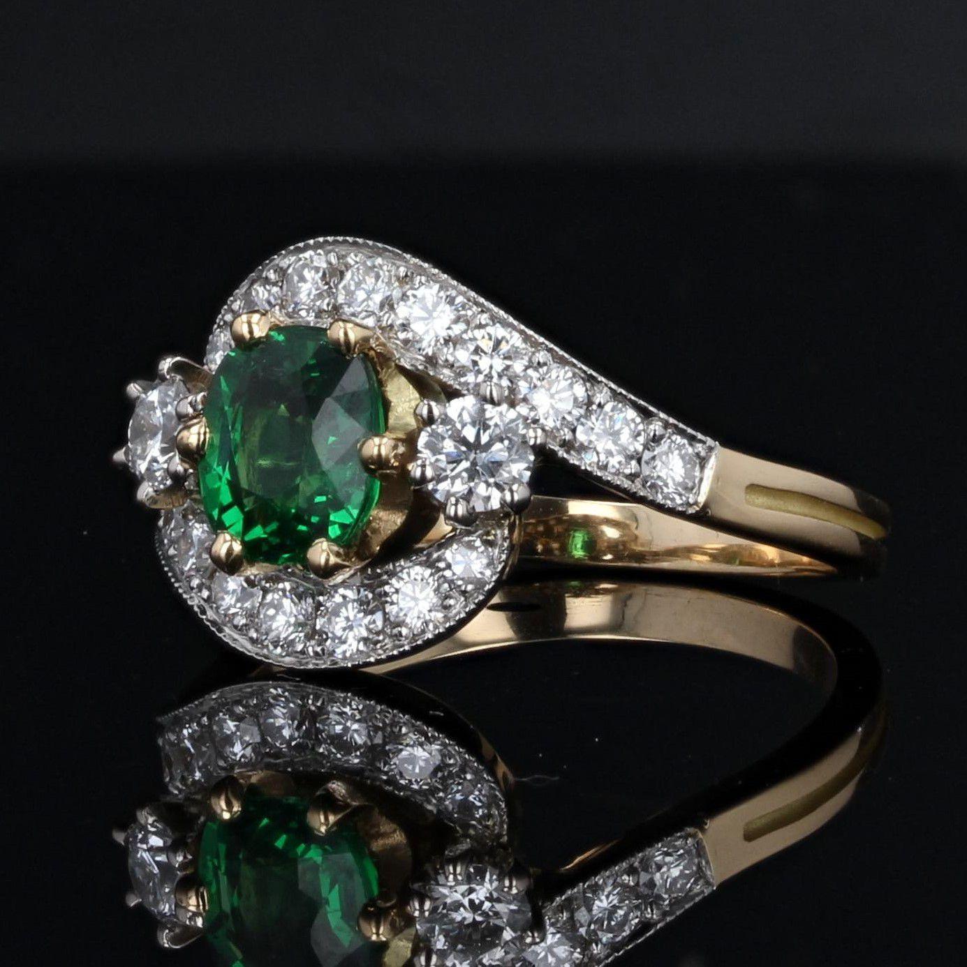 Modern French Green Garnet Diamonds 18 Karat Yellow Gold Ring
