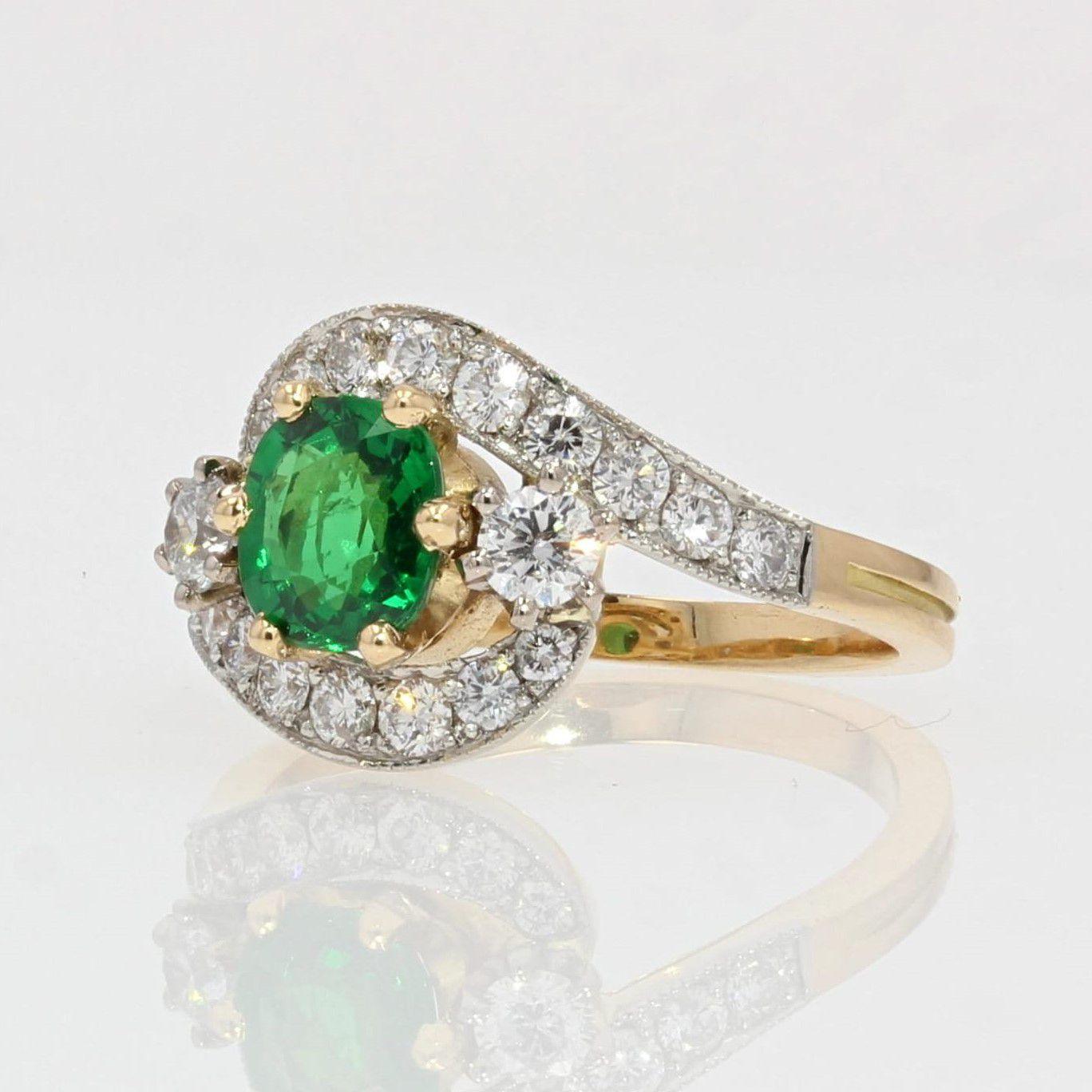 French Green Garnet Diamonds 18 Karat Yellow Gold Ring In New Condition In Poitiers, FR