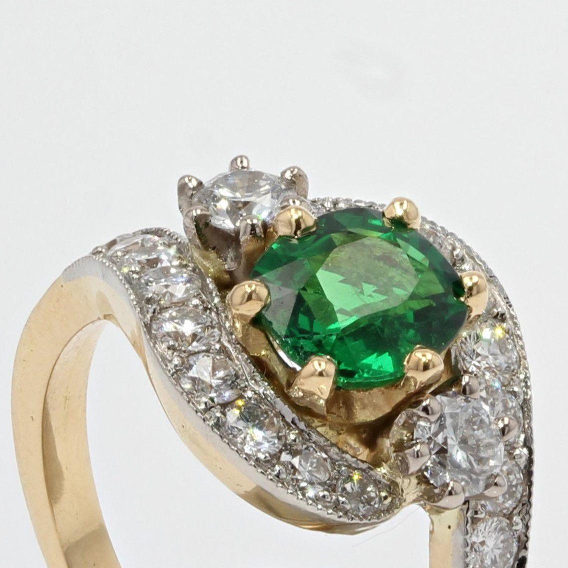 Women's French Green Garnet Diamonds 18 Karat Yellow Gold Ring