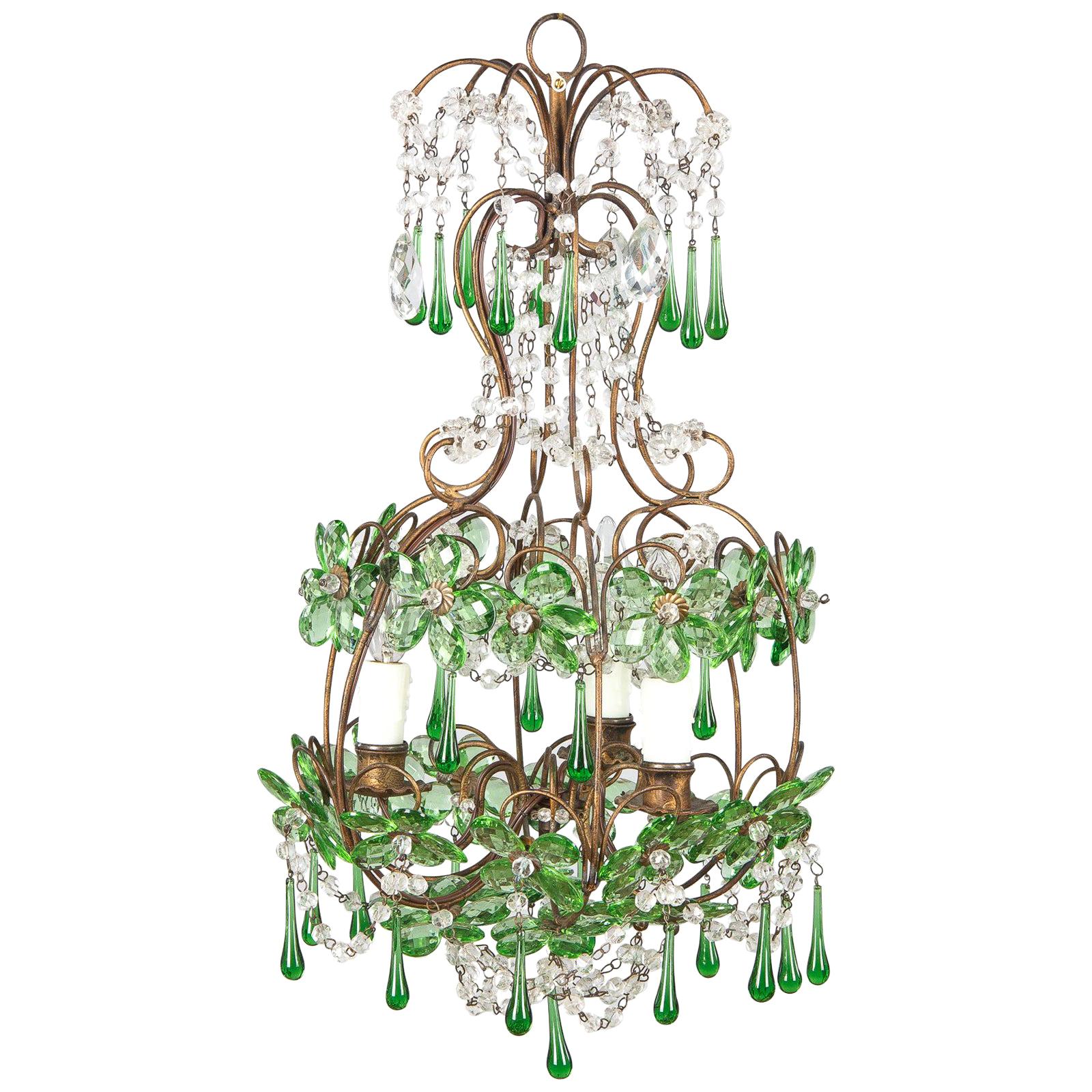 French Green Glass and Crystal Chandelier, 1920s