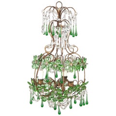 French Green Glass and Crystal Chandelier, 1920s