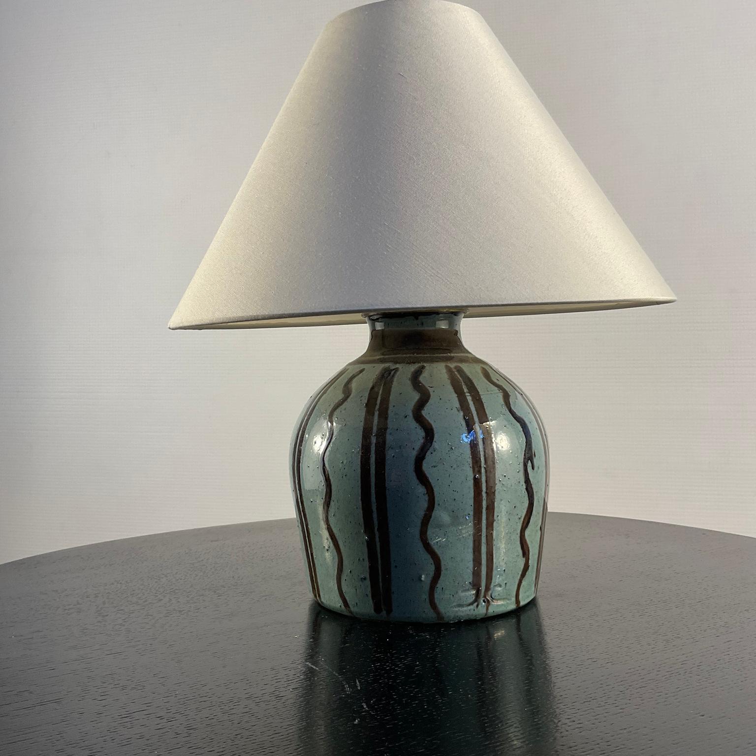 French Green Glazed Stoneware Table Lamp with Furrow Decoration Circa 1920s For Sale 3