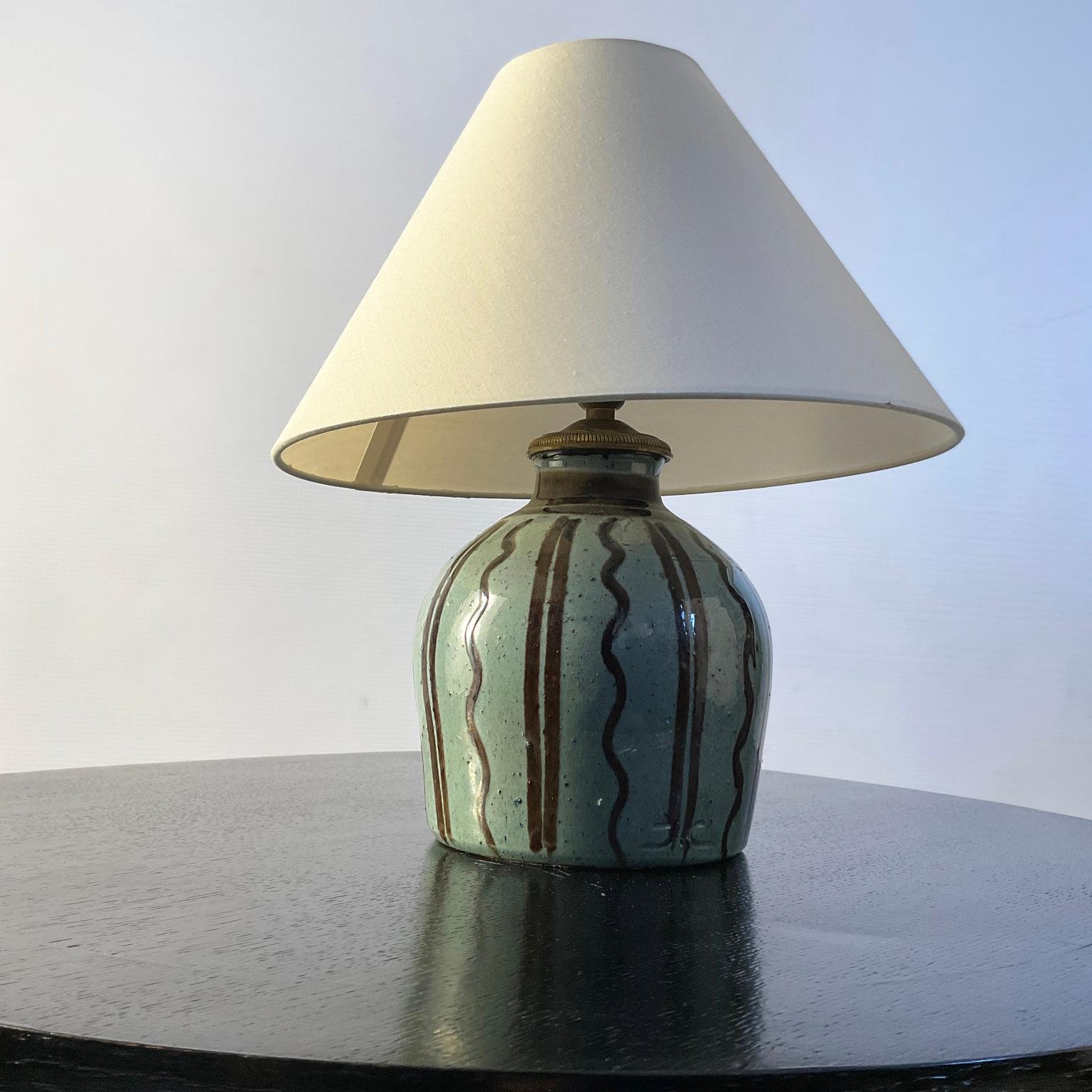 French Green Glazed Stoneware Table Lamp with Furrow Decoration Circa 1920s For Sale 5