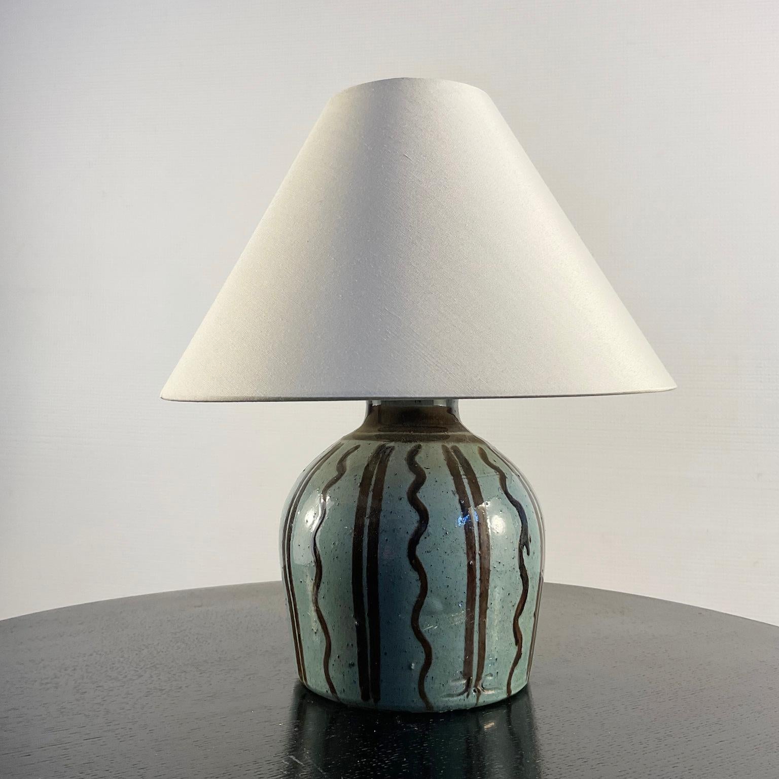 French Provincial French Green Glazed Stoneware Table Lamp with Furrow Decoration Circa 1920s For Sale