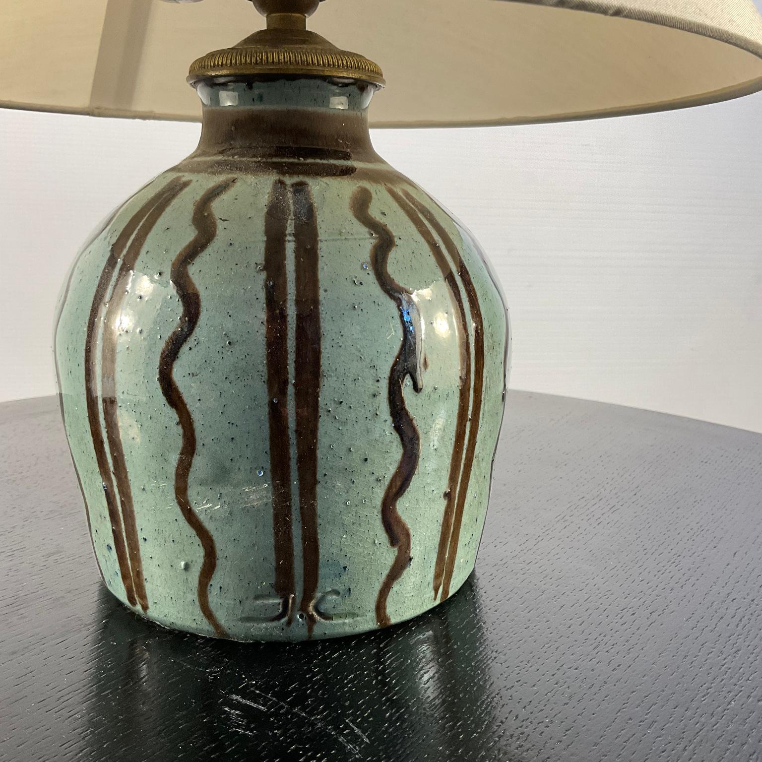 Hand-Carved French Green Glazed Stoneware Table Lamp with Furrow Decoration Circa 1920s For Sale