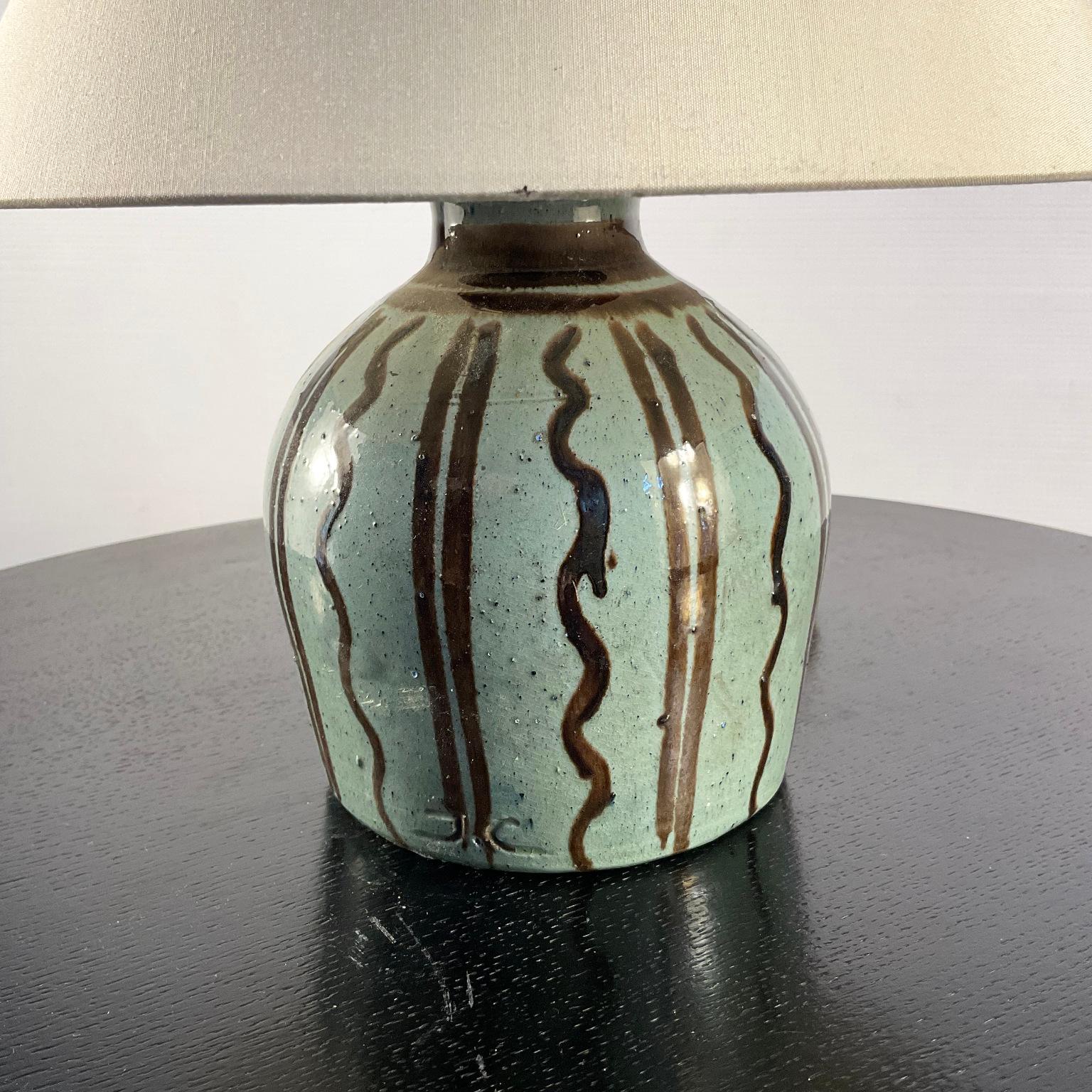 20th Century French Green Glazed Stoneware Table Lamp with Furrow Decoration Circa 1920s For Sale