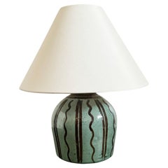 French Green Glazed Stoneware Table Lamp with Furrow Decoration Circa 1920s