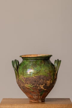 French Green Glazed Terracotta Confit Pot with Iridescent Finish, 19th Century