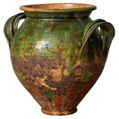 French Green Glazed Terracotta Confit Pot with Iridescent Finish, 19th Century