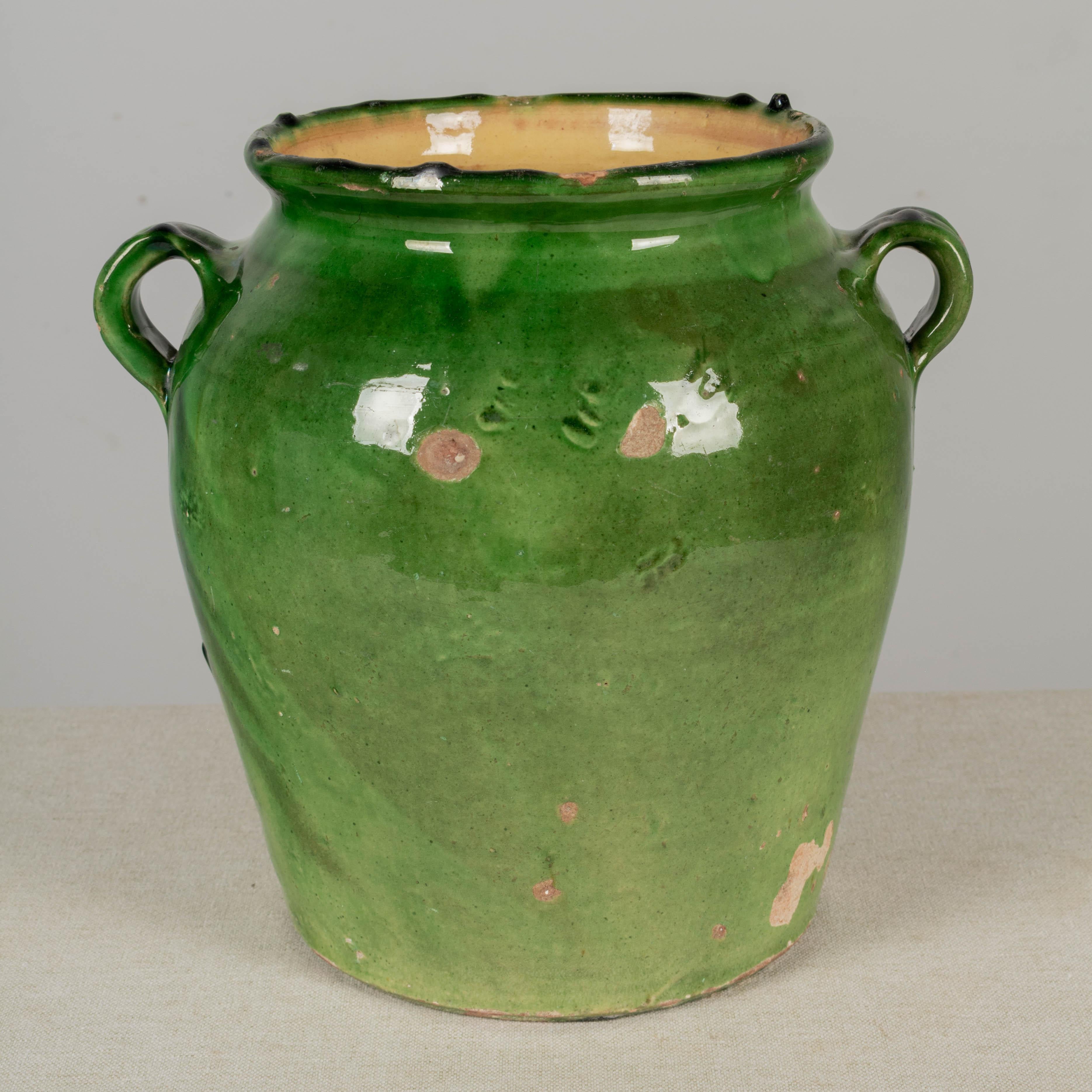French Provincial French Green Glazed Terracotta Pottery Vase or Cache Pot For Sale