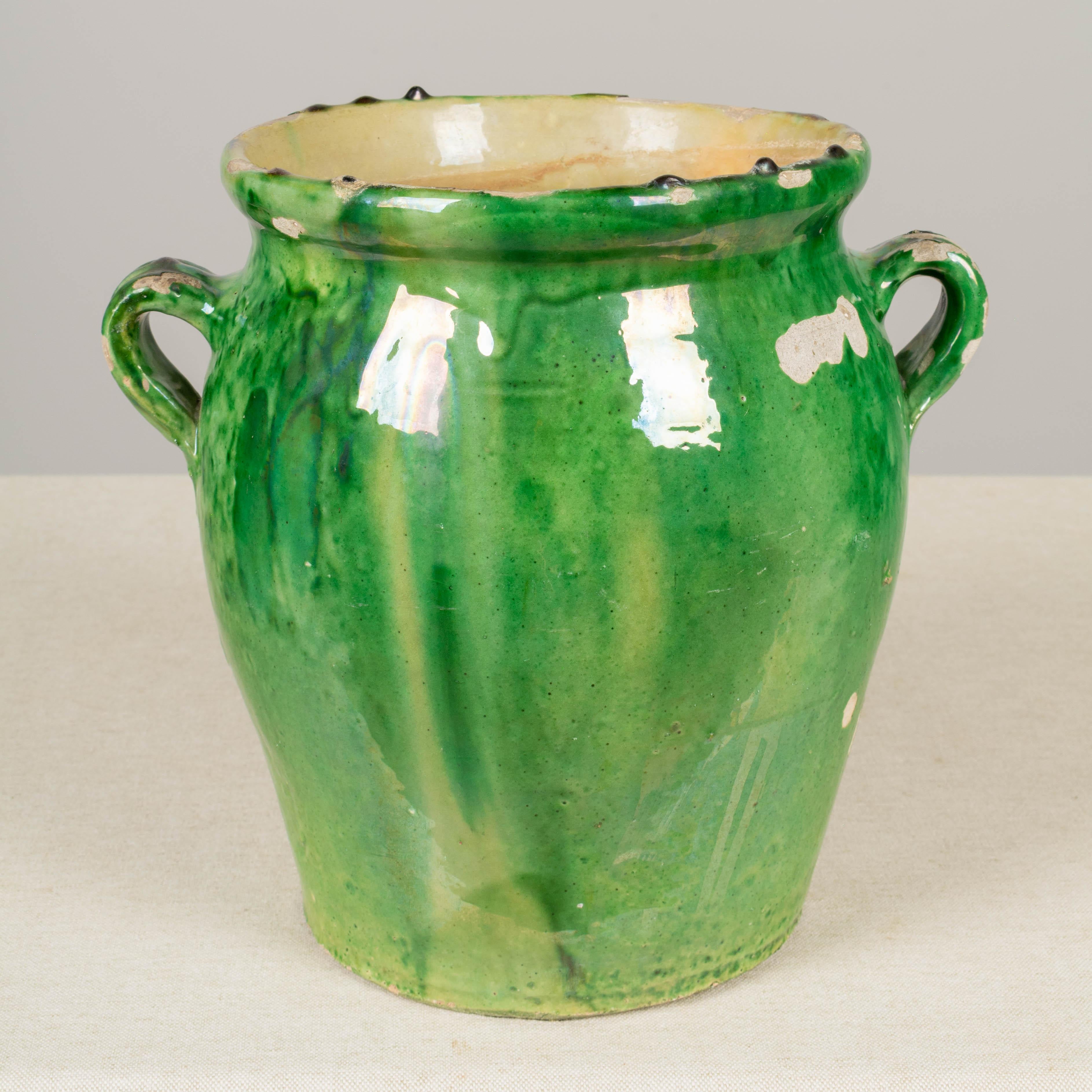Hand-Crafted French Green Glazed Terracotta Pottery Vase or Cache Pot For Sale