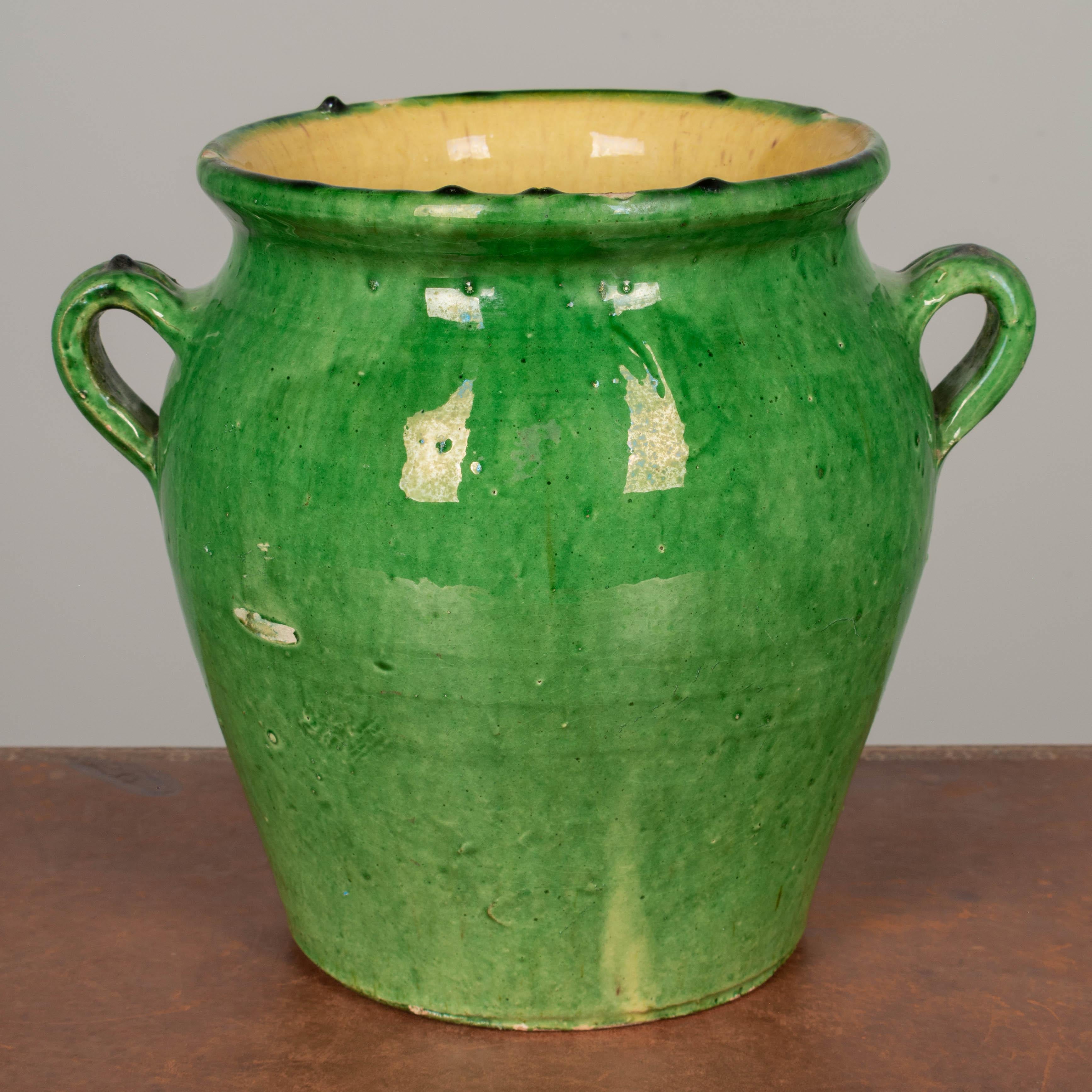 French Provincial French Green Glazed Terracotta Pottery Vase or Cache Pot For Sale