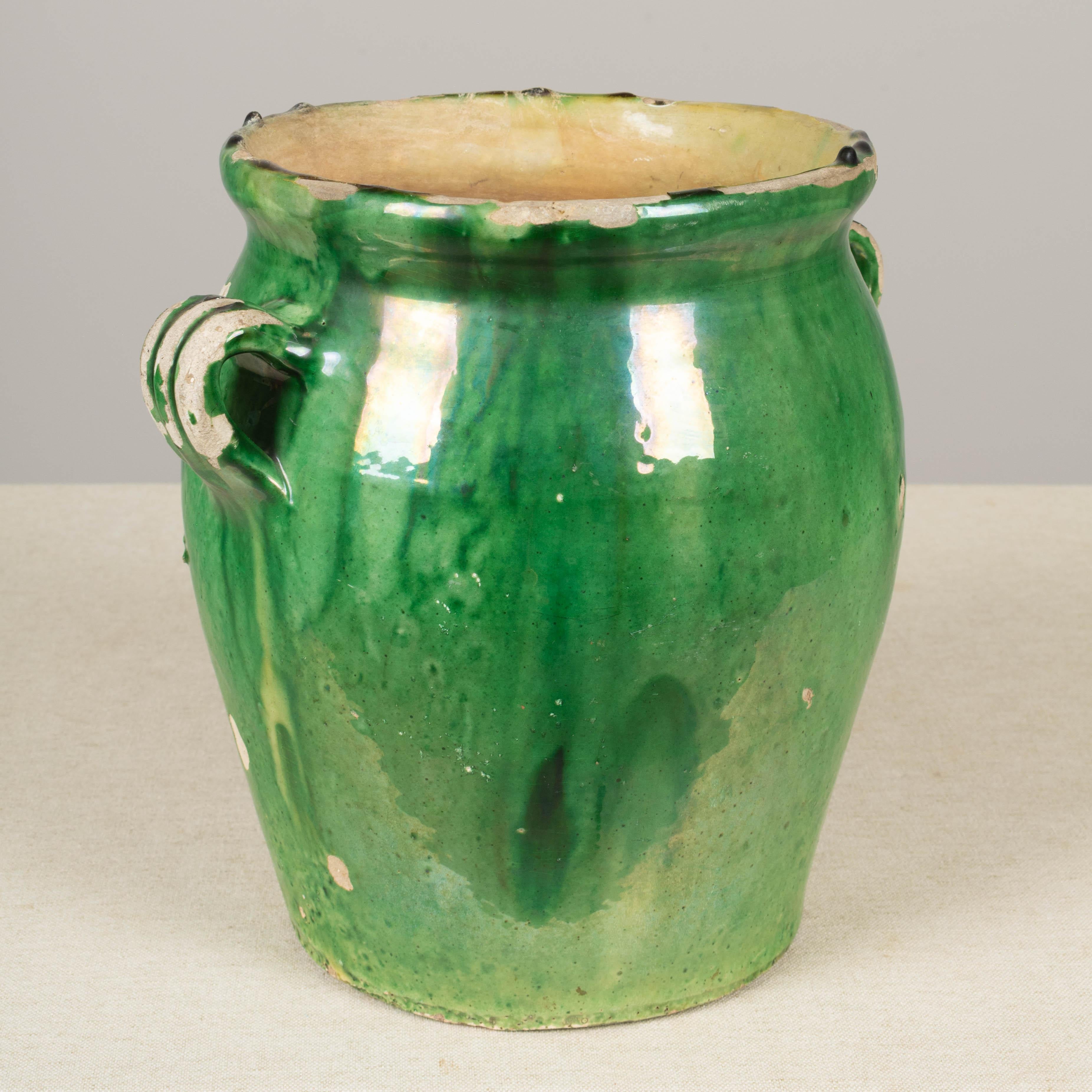 French Green Glazed Terracotta Pottery Vase or Cache Pot For Sale 1