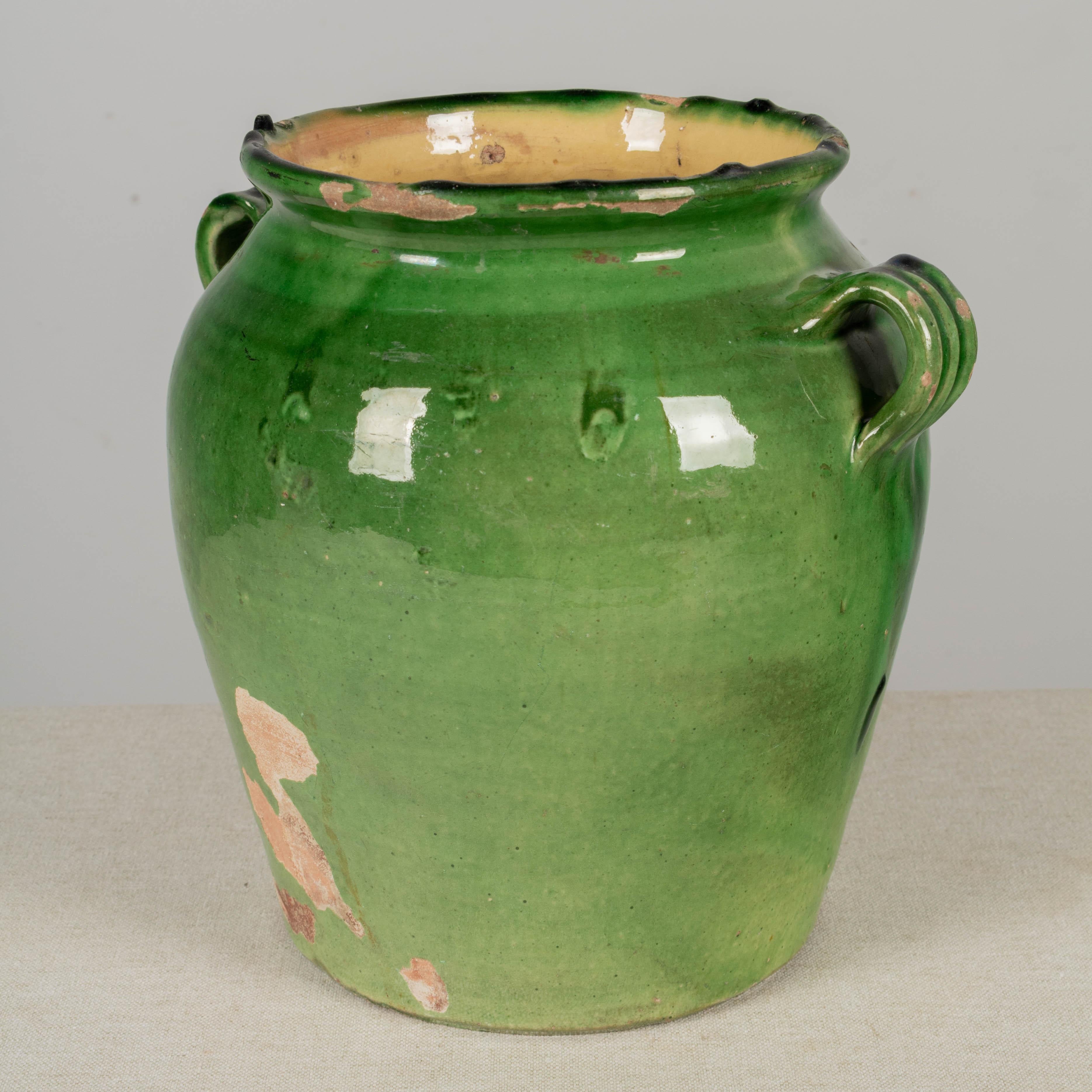 French Green Glazed Terracotta Pottery Vase or Cache Pot For Sale 3