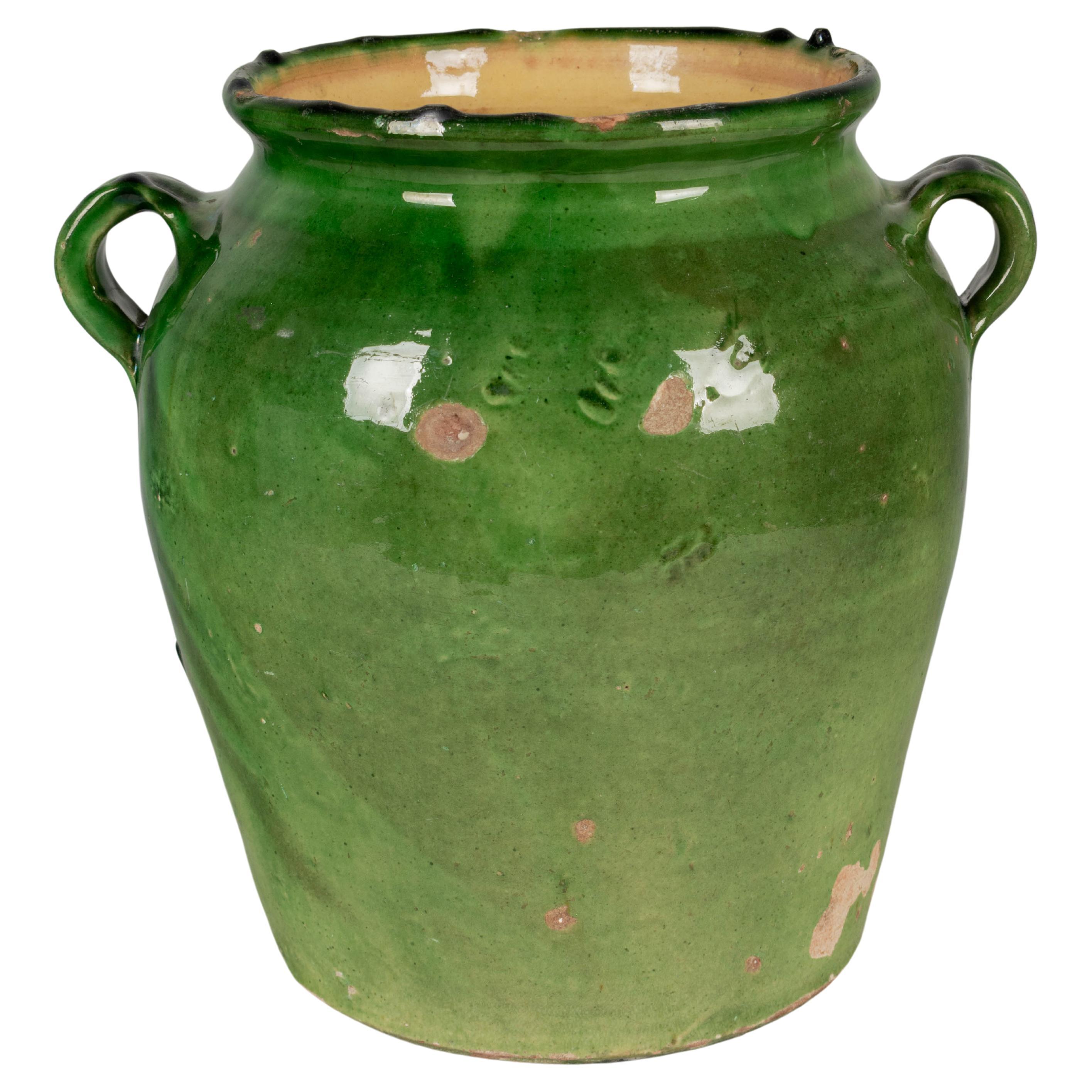 French Green Glazed Terracotta Pottery Vase or Cache Pot For Sale