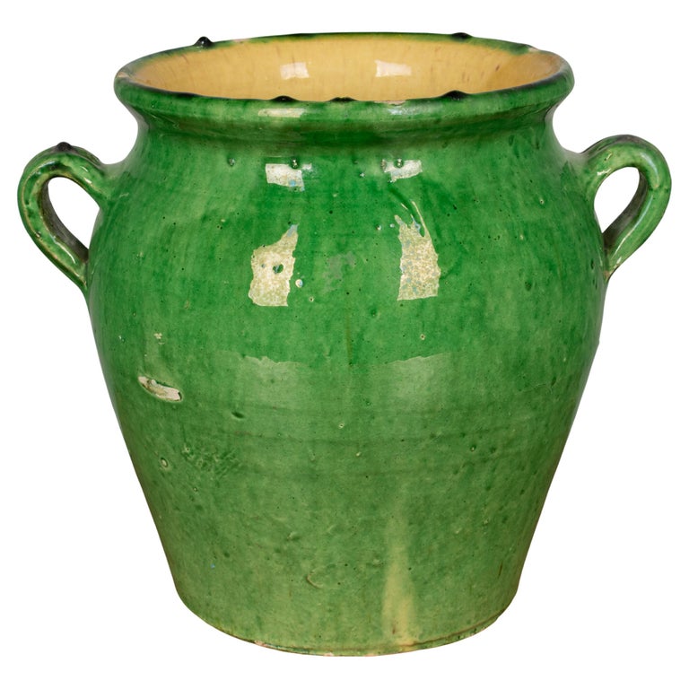 French Green Glazed Terracotta Pottery Vase or Cache Pot For Sale at
