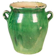 Used French Green Glazed Terracotta Pottery Vase or Cache Pot
