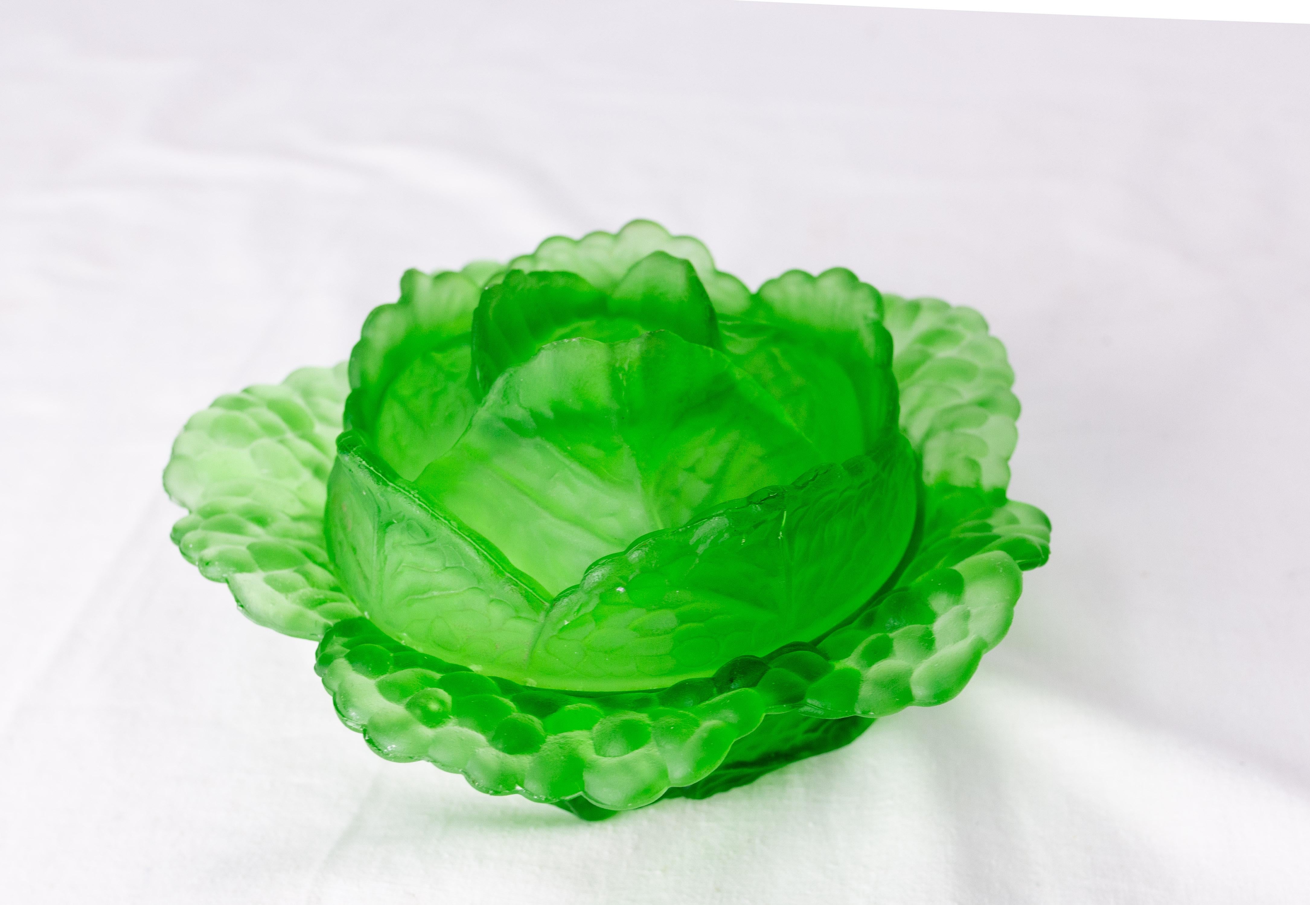 Art Glass French Green Glove Box or Centerpiece, in Portieux Style, Glass, circa 1900 For Sale