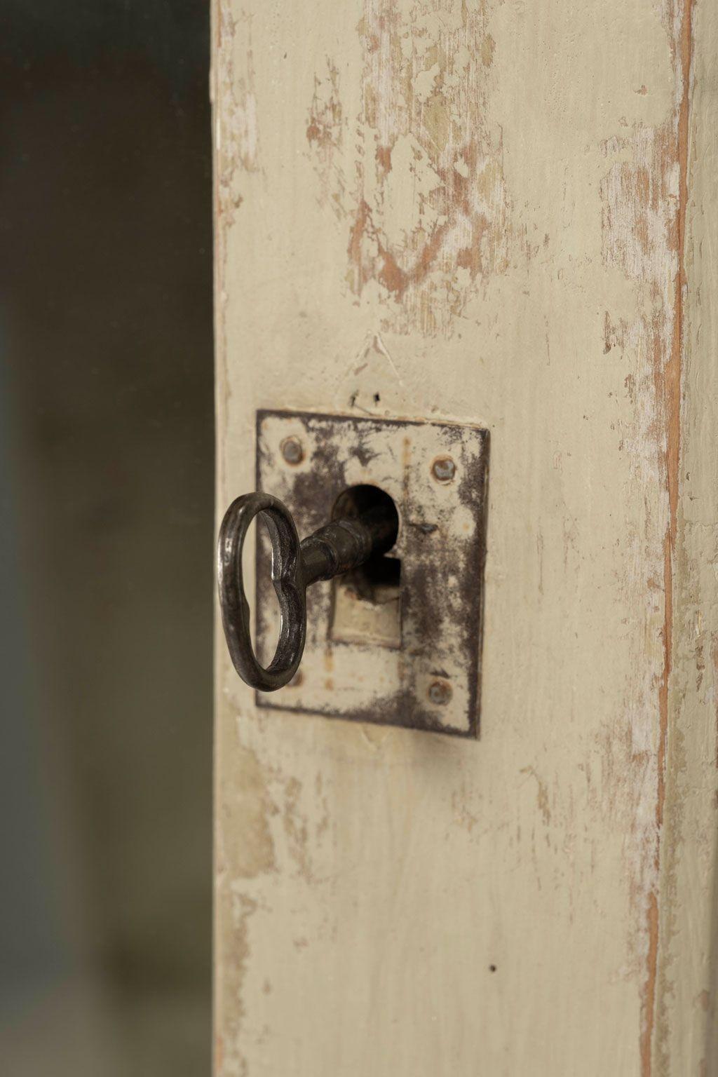 XIXe siècle Armoire française peinte en vert-gris avec panneaux émaillés